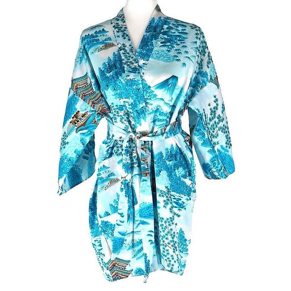 Vintage Japanese Kimono Robe Women Medium Turquoise White Landscape Made Japan‎